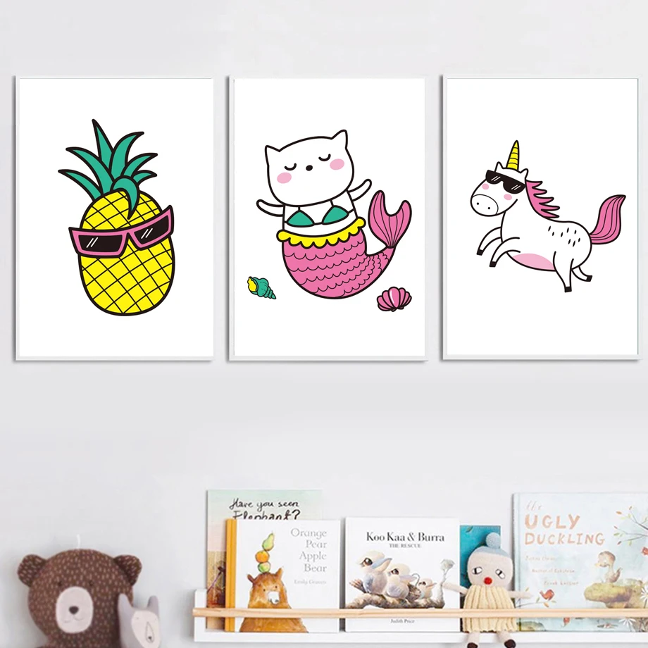 

Girls Room Decor Canvas Painting Cat Pineapple Unicorn Cartoon Posters And Prints Wall Art Pictures Nordic Style Kids Decoration