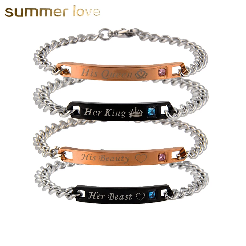 New Romantic Her King His Queen Beast Beauty Letter Couple Bracelets Stainless Steel for Women Men Jewelry Lover Gifts | Украшения и