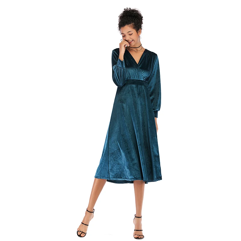 платье женское осень 2019 платья больших размеров бархатное с длинным рукавом