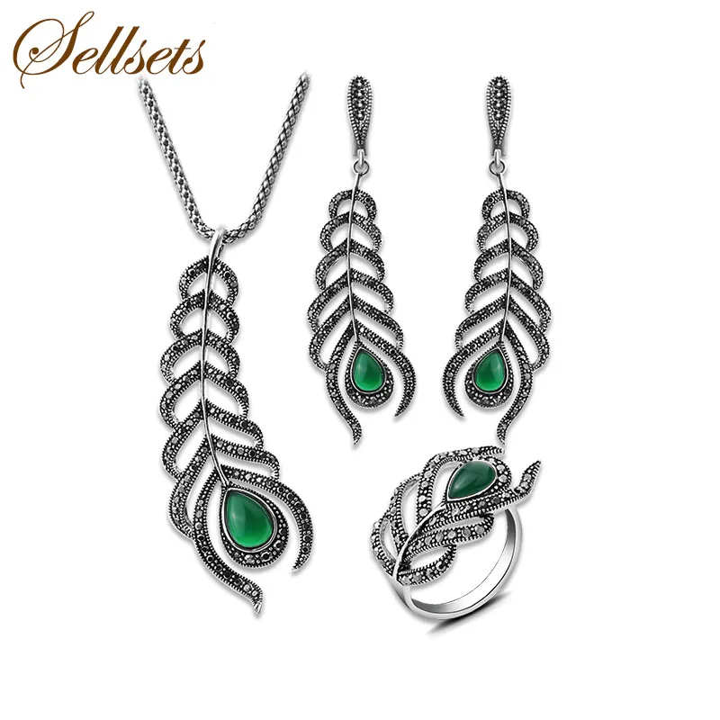 Женский винтажный набор украшений Sellsets из сережек и кольца с зелеными перьями