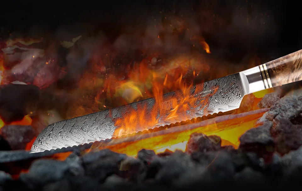 FINDKING AUS-10 Дамасская сталь Sapele с деревянной ручкой с узором стрелы дамасский нож 8 дюймов нож для хлеба 67 слоев кухонные ножи