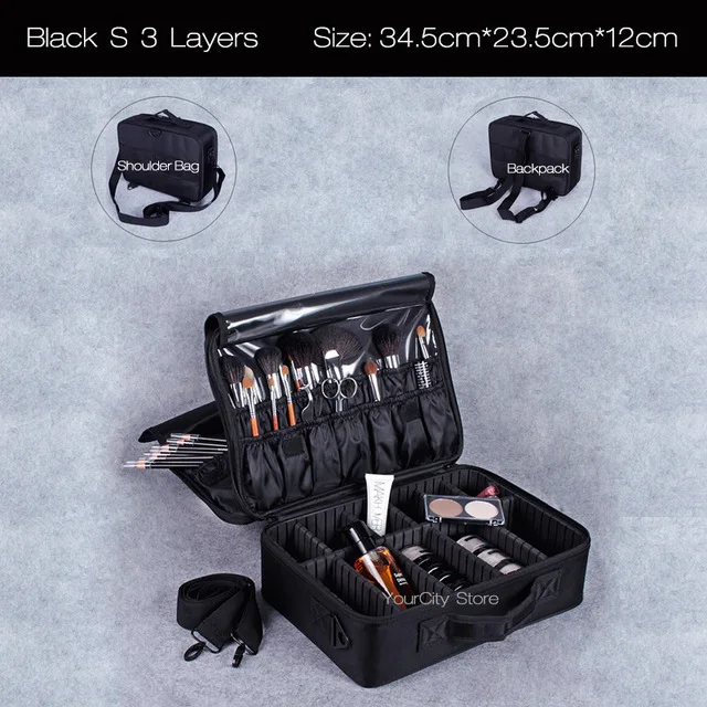 Black S 3 Layers Сумка для макияжа, коробка для макияжа, многослойная косметичка, водонепроницаемый, Оксфорд, профессиональный косметический Чехол, органайзер для макияжа, дорожные сумки для мытья - Цвет: Black S 3 Layers