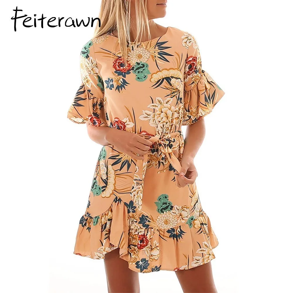 Feiterawn 2018 Весна Женщины платье элегантные модные черный цветочный узор рюшами
