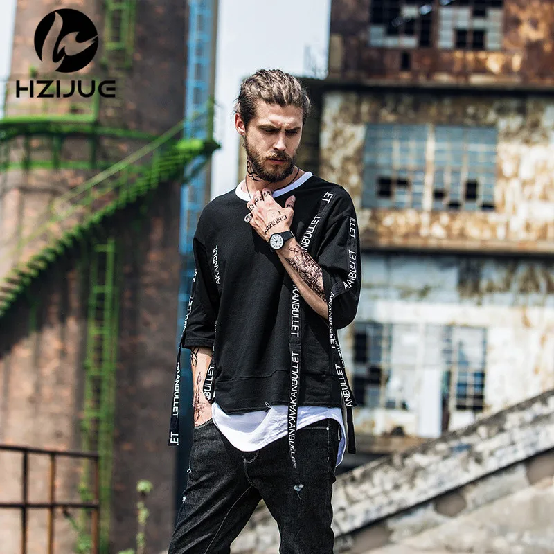 HZIJUE 2017 Лето с коротким рукавом поддельные 2 предмета футболки в стиле хип-хоп