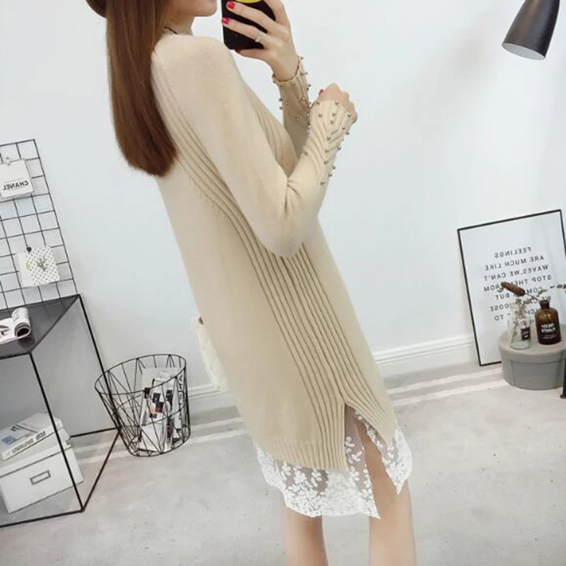 Женское трикотажное платье-свитер с высоким воротником и длинным рукавом |