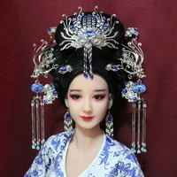 silver blue series phoenix tiara empress princess hair accessory chinese bride wedding tiara tv play stage photography hat