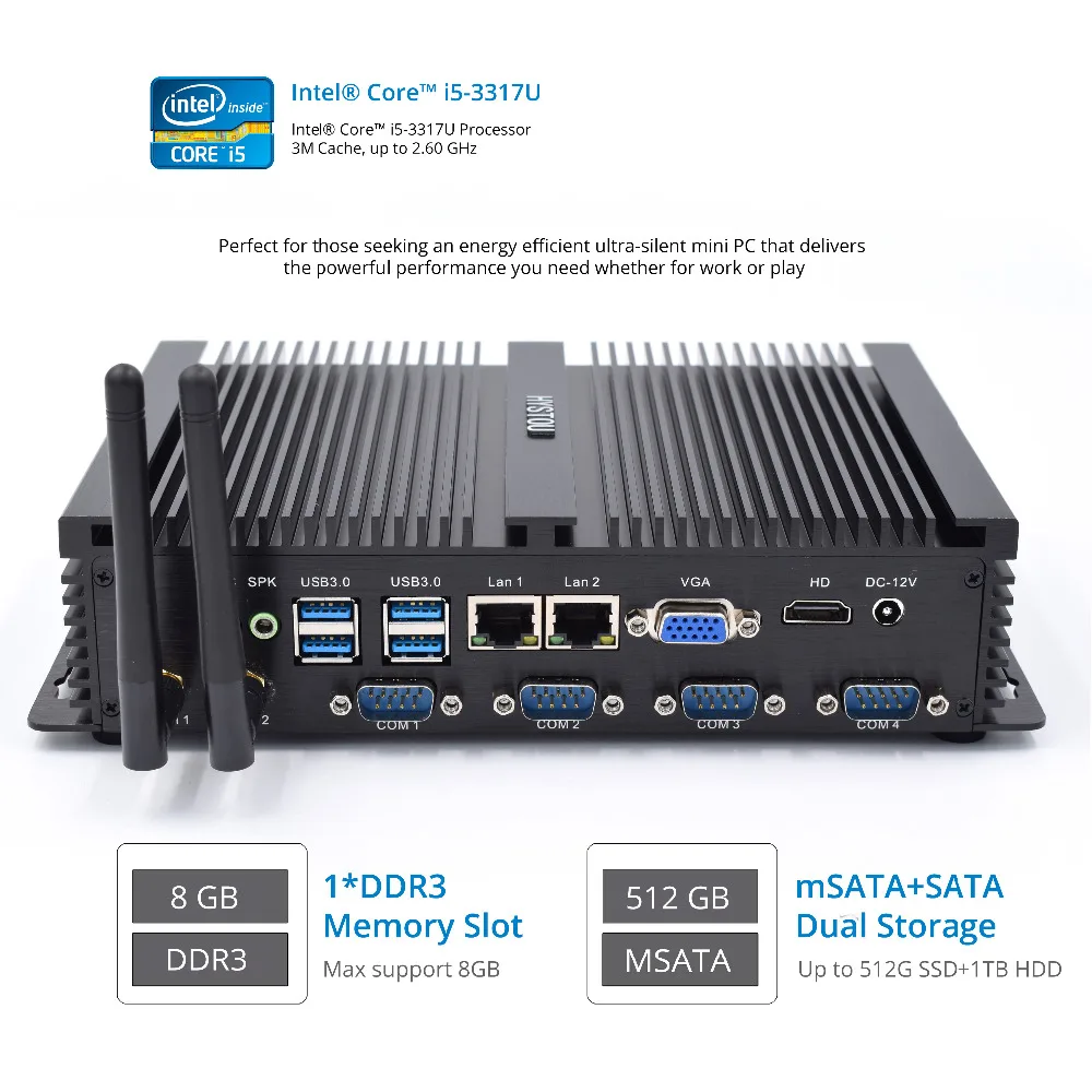 Безвентиляторный мини ПК промышленный компьютер с 4 RS232 COM HDMI Intel Celeron C1037U C1007U Core i5