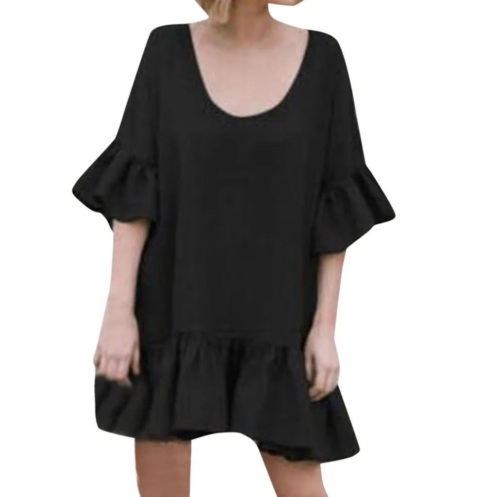 Летнее однотонное платье большого размера с короткими рукавами и оборками