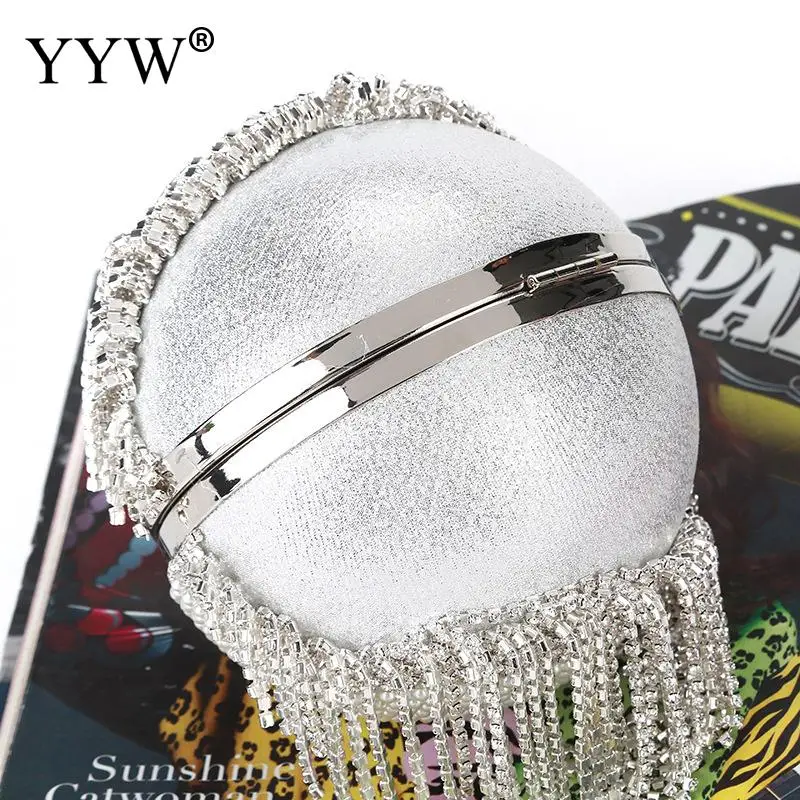 

Silver Boutique Elegant Crystal Tassel Women Round Evening Bags Hard Case Diamond Wristlests Clutch Bridal Beaded Handbag Purse