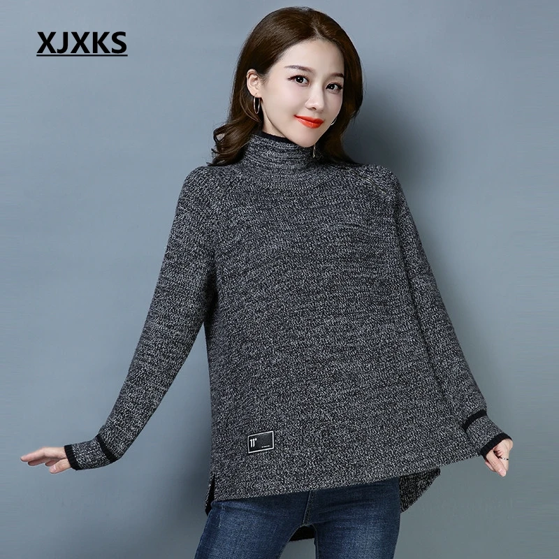 XJXKS irregular hem comfortable zipper women turtleneck sweater high elasticity 2019 new fashion pullover | Женская одежда