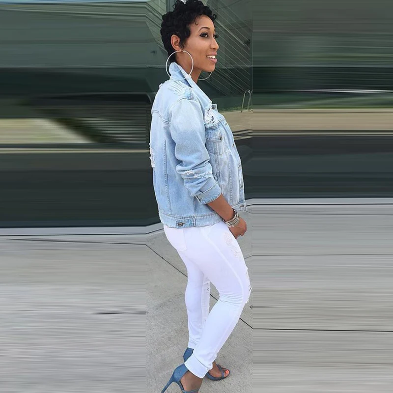 Осенняя женская джинсовая куртка с длинным рукавом джинсы отворотом базовая