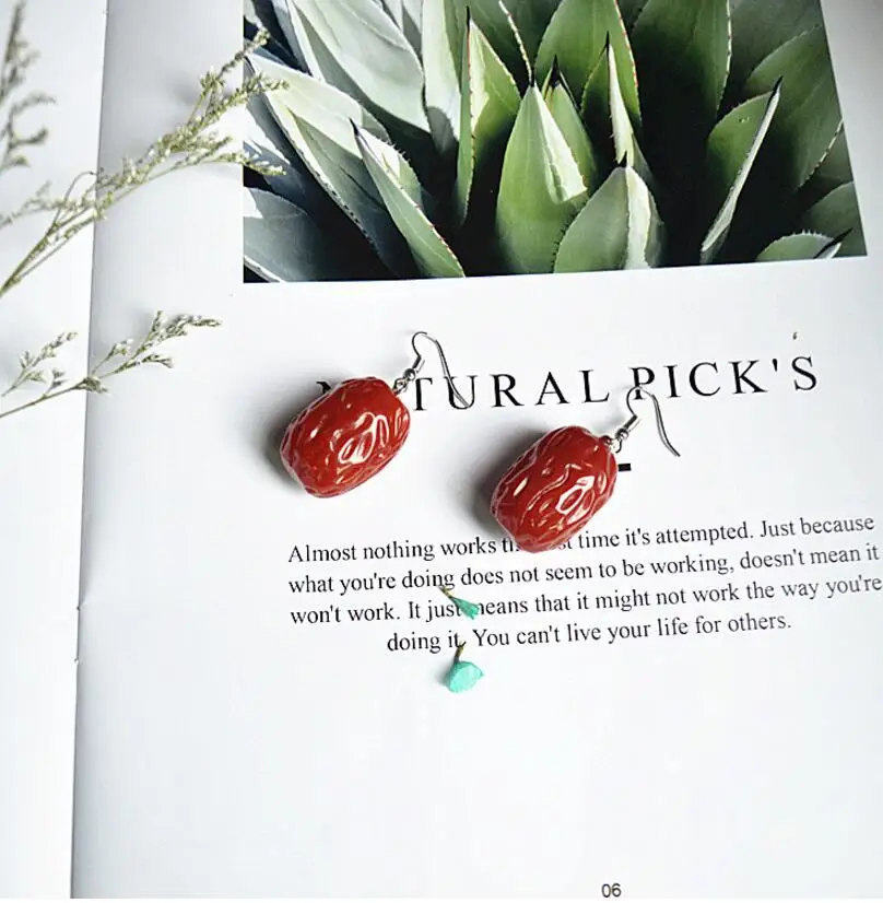red jujube Корейские милые серьги, тропические свежие фрукты, дуриан, зеленое яблоко, красное яблоко, персик, висячие серьги для женщин, забавные вечерние ювелирные изделия, подарок - Окраска металла: red jujube