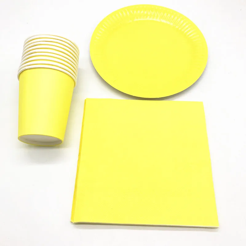 60 шт./лот чистый цвет тема День рождения одноразовые наборы посуды желтые тарелки