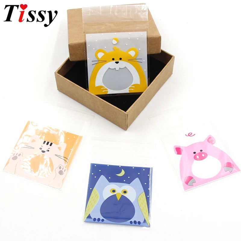 

100PCS/Bag 7X7CM 4Types Cute Cartoon Animal Cookie&Candy Self-Adhesive Plastic Bags DIY Biscuits Snack Baking Package Supplies
