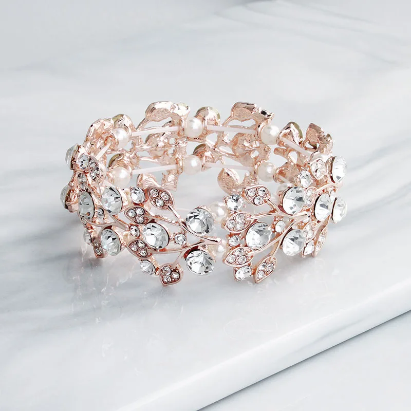 Floralbride модный шарм стрейч Кристалл Стразы Жемчуг Лист Модный женский браслет для