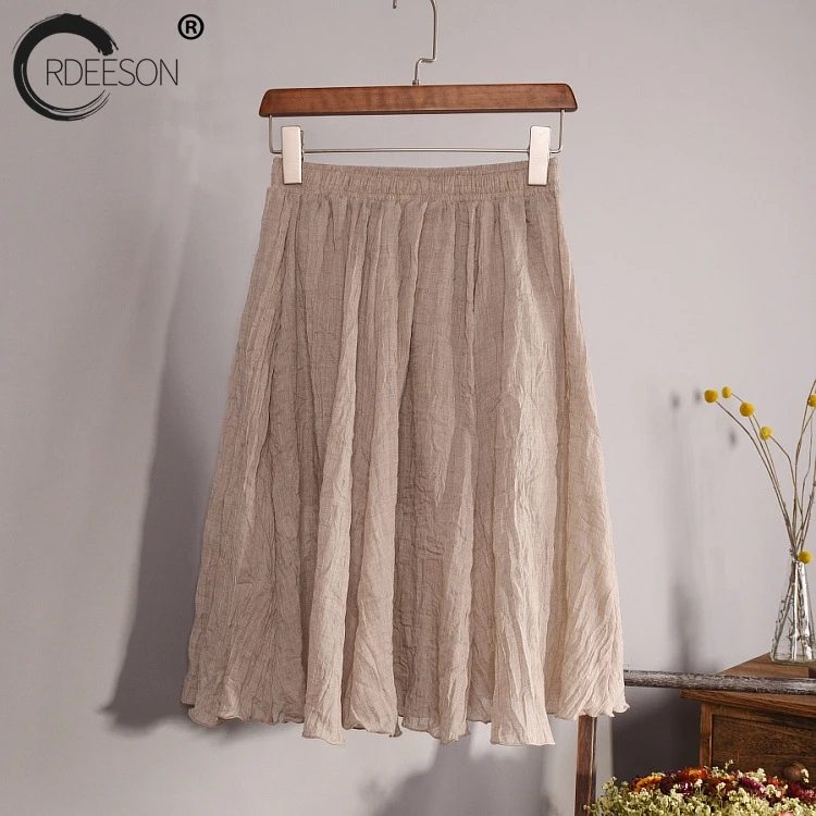 ORDEESON 60cm Linen Midi Skirt High Waist Solid Folk-custom A Line Cotton Elasticity Pleated Skirts Boho Vintage | Женская одежда