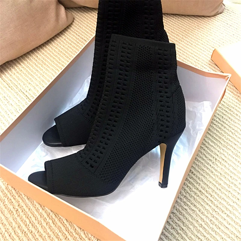 Hanbaidi Fashion Elastic Stretch Sock Boots Women Open Toe Knit Hollow High Heel Shoes Woman Sexy Ankle Summer Zapatos | Обувь