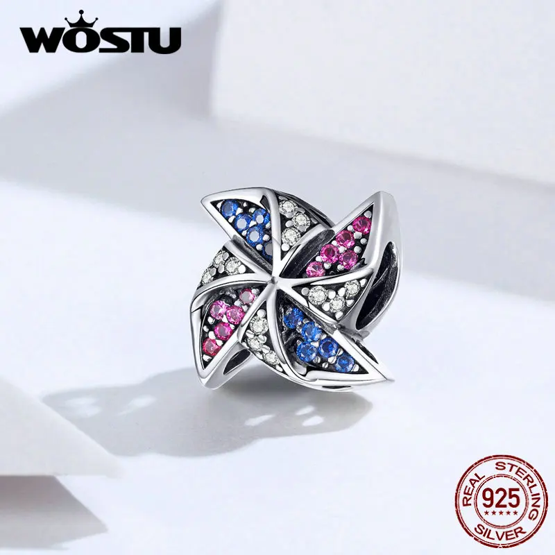 WOSTU мульти-цветная мельница шарика 925 пробы серебро циркон браслеты с подвесками, подходят к оригинальному браслету кулон Для женщин Радужный бижутерия CQC1265