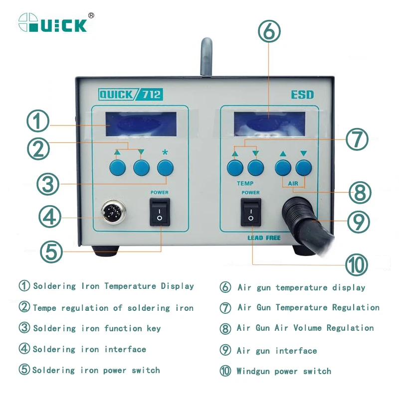QUICK 712 2 In 1 Soldering station 861DW Hot Air Gun 1000W+203H Soldering Iron 90W Dual Digital Display Temperature Adjustable