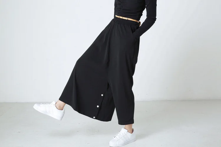 Асимметричные 2017 летние модные широкие брюки с высокой талией женские черные два