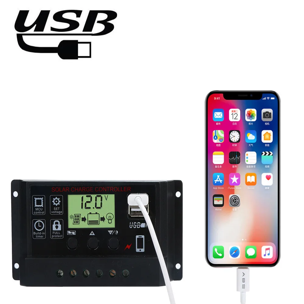 Регулятор заряда солнечной панели USB 10A/20A/30A/40A/50A/60A 12В 24В с двойным контроллером