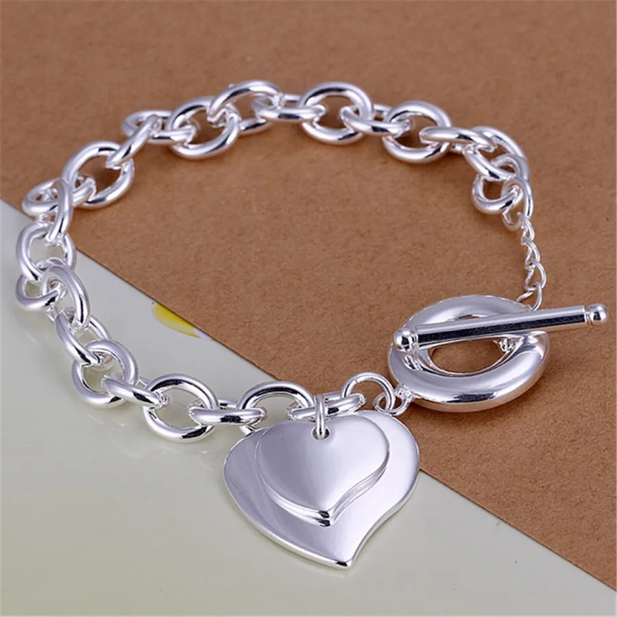 silver color double heart brand charm women lady cute bracelets new listings high quality fashion jewelry Christmas gifts | Украшения и