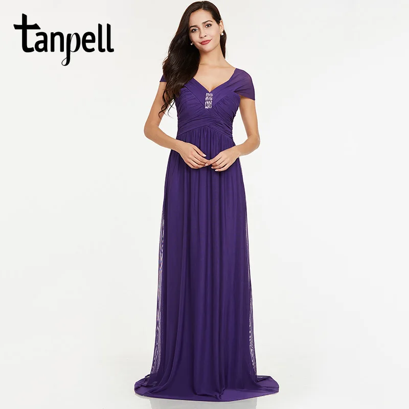 Tanpell V вырезом вечернее платье Фиолетовый бисера Cap рукава Длина пола платье Линия Дешевые женские новые Выпускной вечернее платье ES