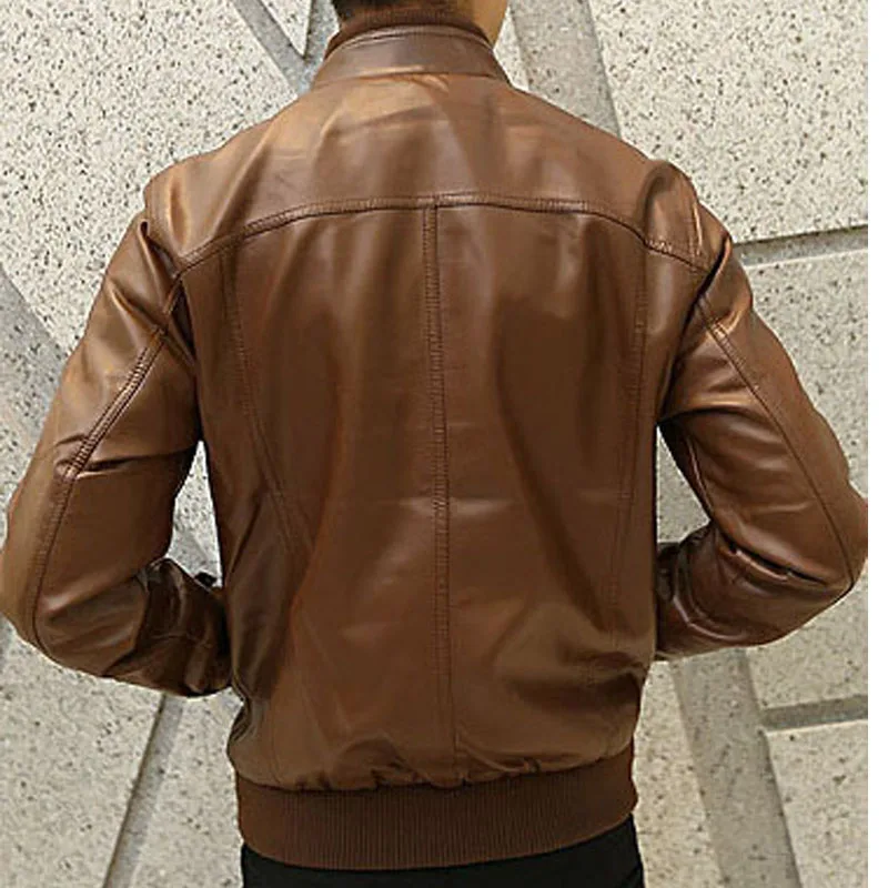Мужская кожаная куртка бомбер с воротником стойкой|fashion leather jackets men|leather jacket menpu men |