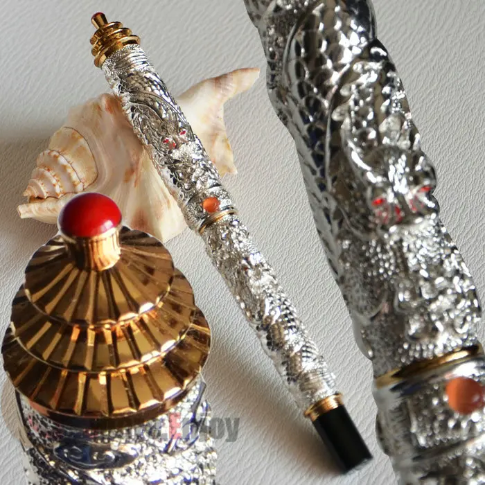 Перьевая ручка 18KGP Средний наконечник JINHAO Серебро Два дракона ИГРАТЬ жемчуг