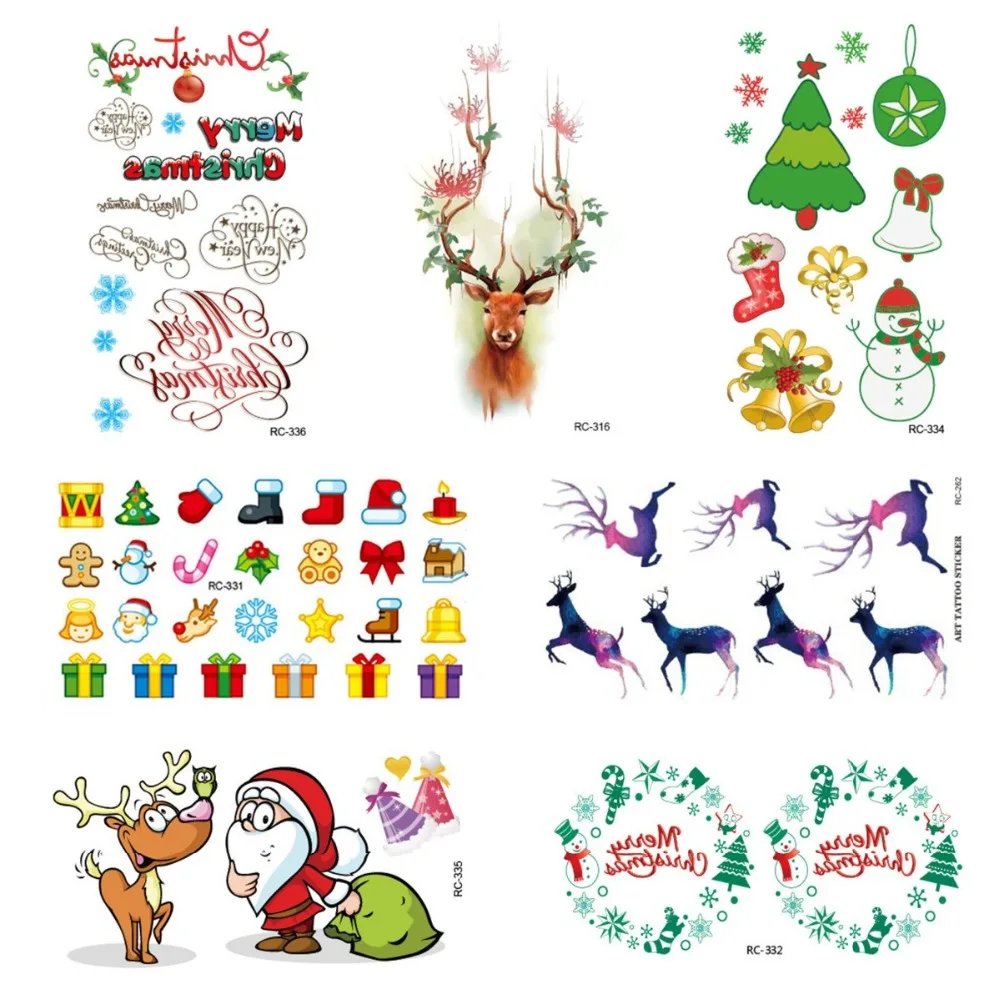 16pcs/lot Temporary Tattoo Sticker 3D Christmas Trees Gift Deer Tatoo Water Transfer Sexy Fake Henna Flash Tattoos | Красота и
