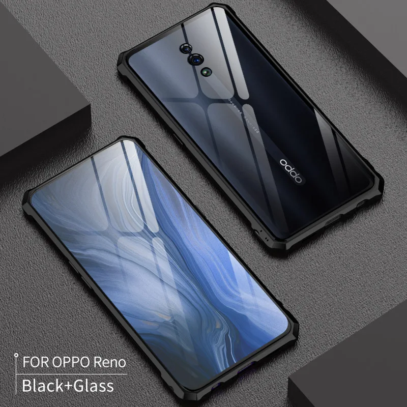 Black Роскошный Алюминиевый металлический защитный чехол для OPPO Reno ударопрочный прозрачный стеклянный задний Чехол OPPO Reno чехол алюминиевый бампер etui - Цвет: Black