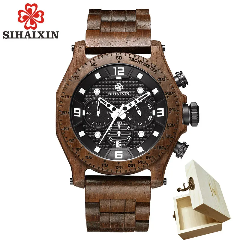 brown with leather SIHAIXIN мужские часы элегантные деревянные часы Роскошные хронограф водонепроницаемые erkek kol saati принимаем дропшиппинг деревянные наручные мужские часы - Цвет: brown with leather