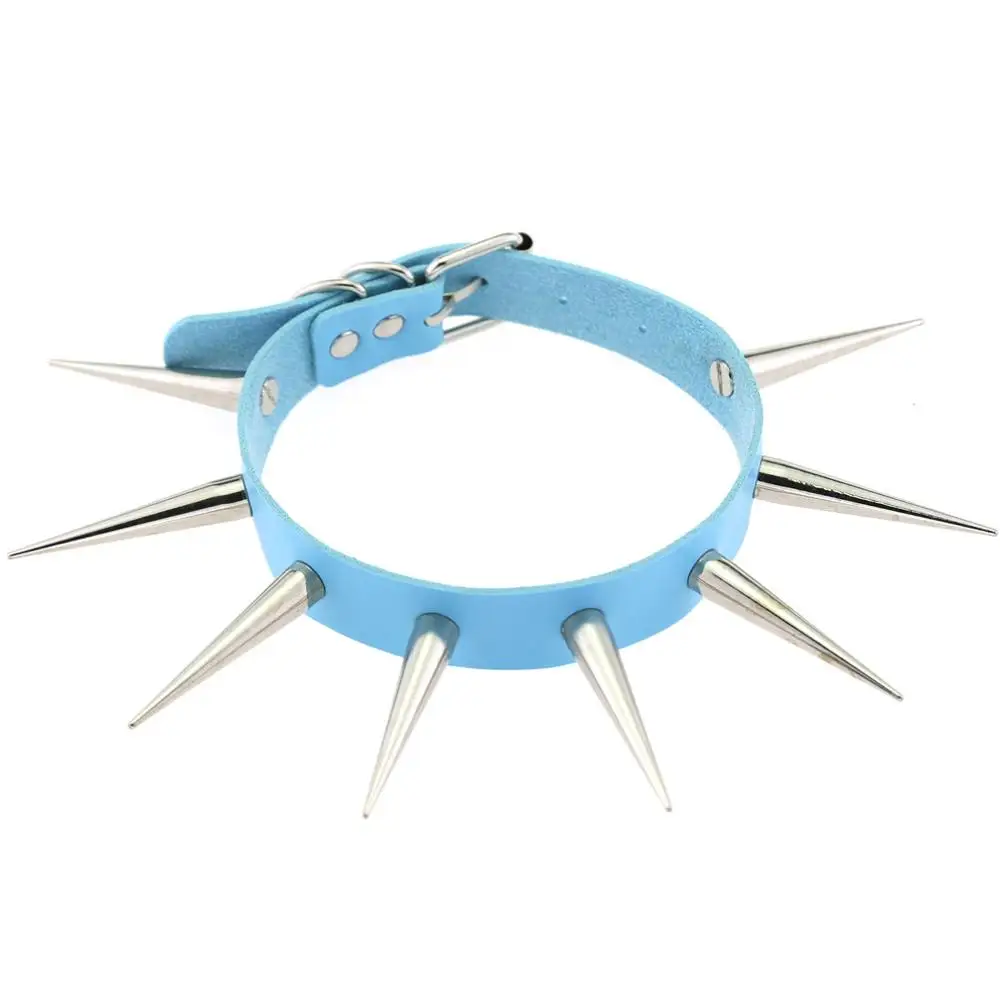 Light Blue Сексуальные панковские большие шипованные заклепки рок-Чокеры в готическом стиле женские кожаные Серебряные Шипы Заклепки Шпильки Ошейник Колье массивные украшения - Окраска металла: Light Blue