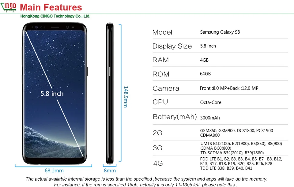 Мобильный телефон samsung Galaxy S8 SM-G950F, 4G LTE, 64 ГБ, 5,8 дюймов, одна Sim карта, 12 Мп, 3000 мАч, смартфон серии S