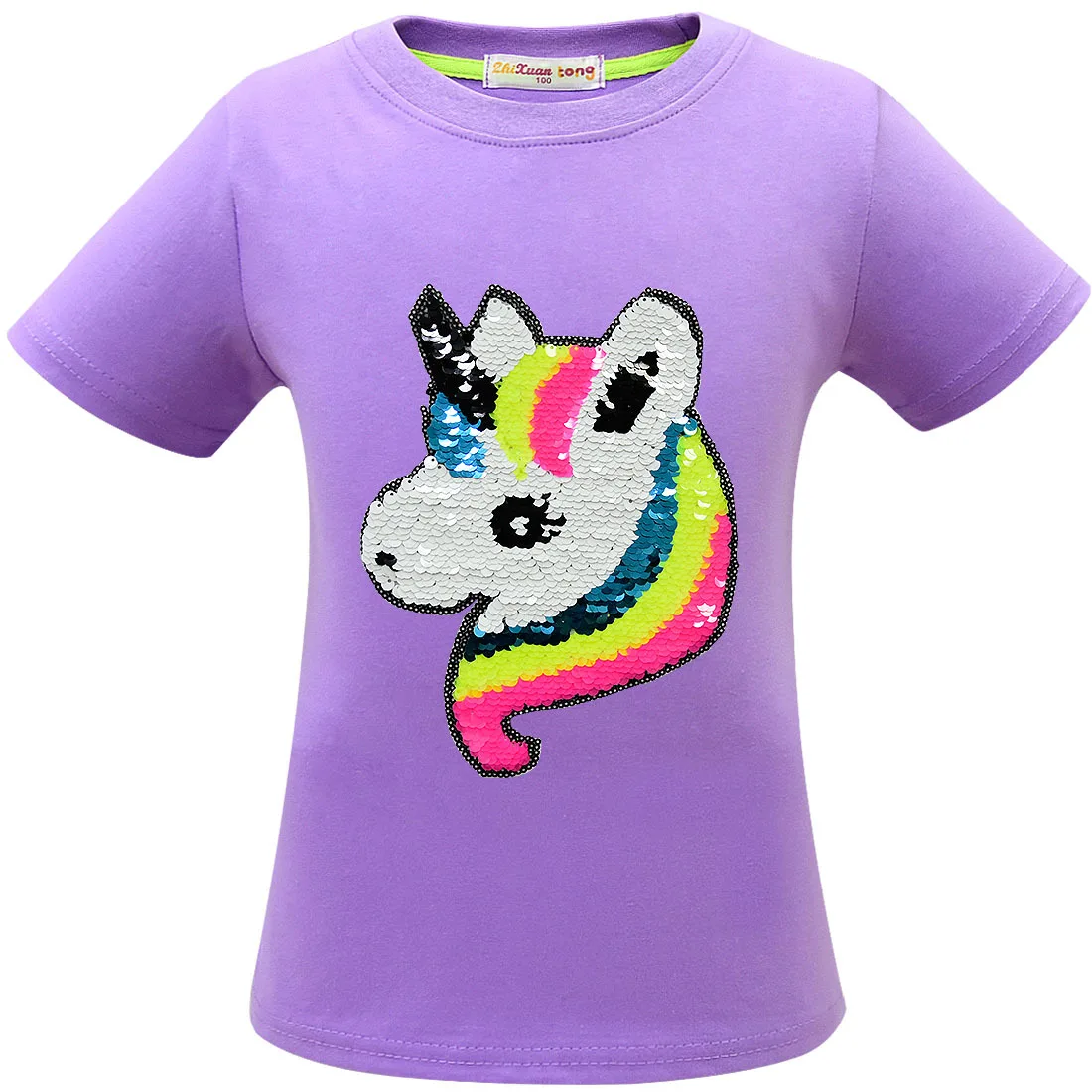 100% cotton Toddler Kids 2019 New Girls Unicorn Clothing Tops Summer Short sleeve Double-sided sequins T-shirt Clothes | Мать и ребенок