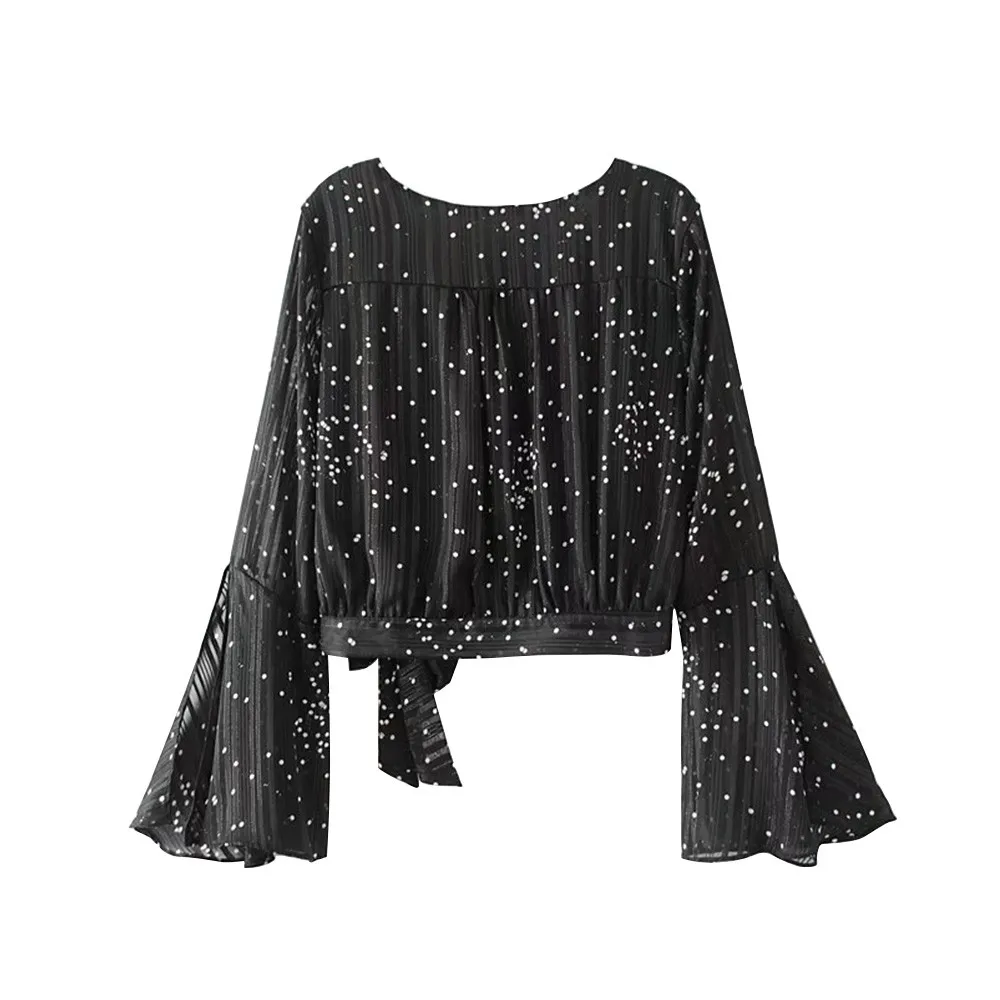Новая модная женская блузка с v-образным вырезом в горошек черная расклешенными