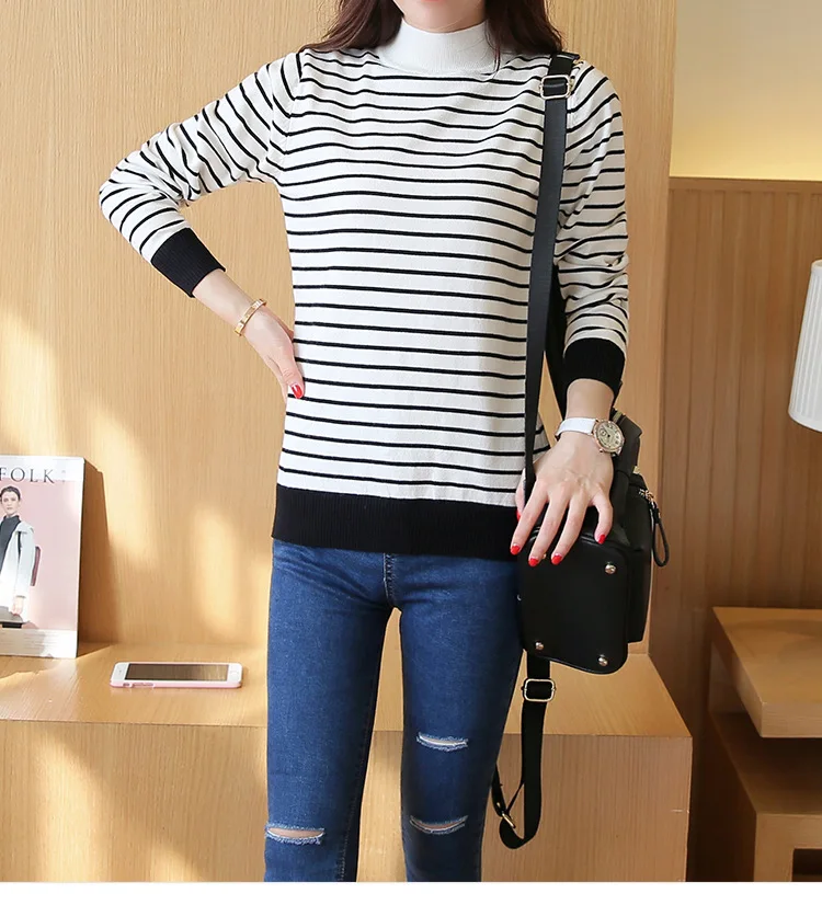 

The New Fashion Spring Autumn Female long sleeve knitted sweater. high elasticity. black and white stripes ,L size A23