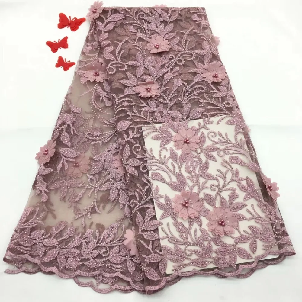 

New Nigerian High Quality 3D Flower Thin Lace Fabric Modern Design African Lace Fabric Beaded Fabric