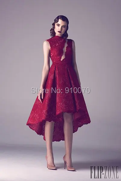 2015 Custom Made Vestidos Sleeveless High/Low Prom Dresses/ Elegant Burgundy Lace Short Evening Dresses Cheap ED420 | Свадьбы и