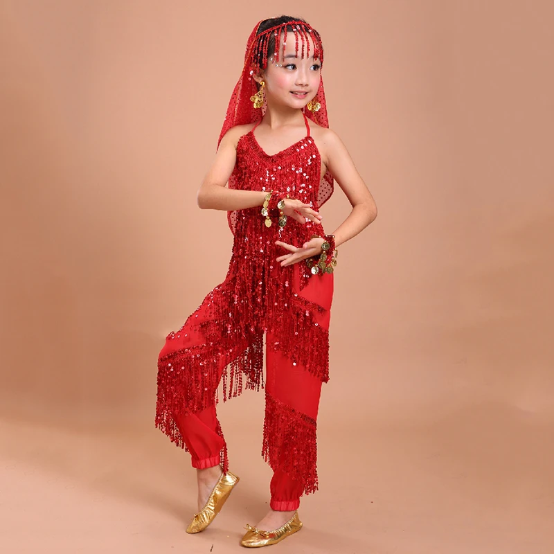Детский костюм для танца живота Bellydance индийский с бахромой и блестками одежда