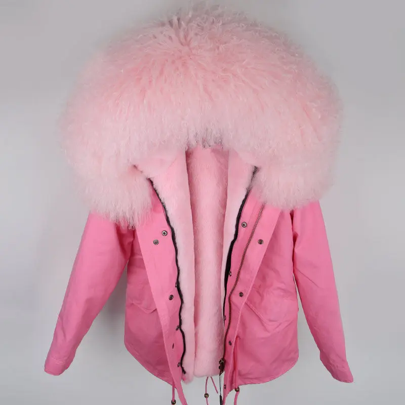 pink pink Зимняя женская куртка, парка, пальто из натурального меха, парки из натурального меха монгольской овцы, Толстая теплая Роскошная съемная верхняя одежда, уличная одежда - Цвет: pink pink