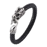 punk black brown men leather braided bracelets bangles stainless steel dragon animal bracelet male wristband jewelry sp0391