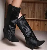 Fall Fashion Horse Hair Knee High Boots Patchwork Point Toe Slip On Hidden Wedge High Heels Women RidingBotas Mujer Long Boots
