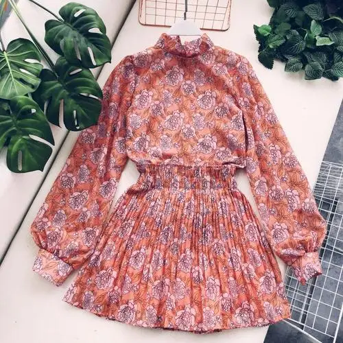 orange sets Korobov винтажный цветочный принт с пышными рукавами Корейская Блузка+ высокая эластичная талия оборки мини юбки женские наборы пляжные костюмы 77679 - Цвет: orange sets