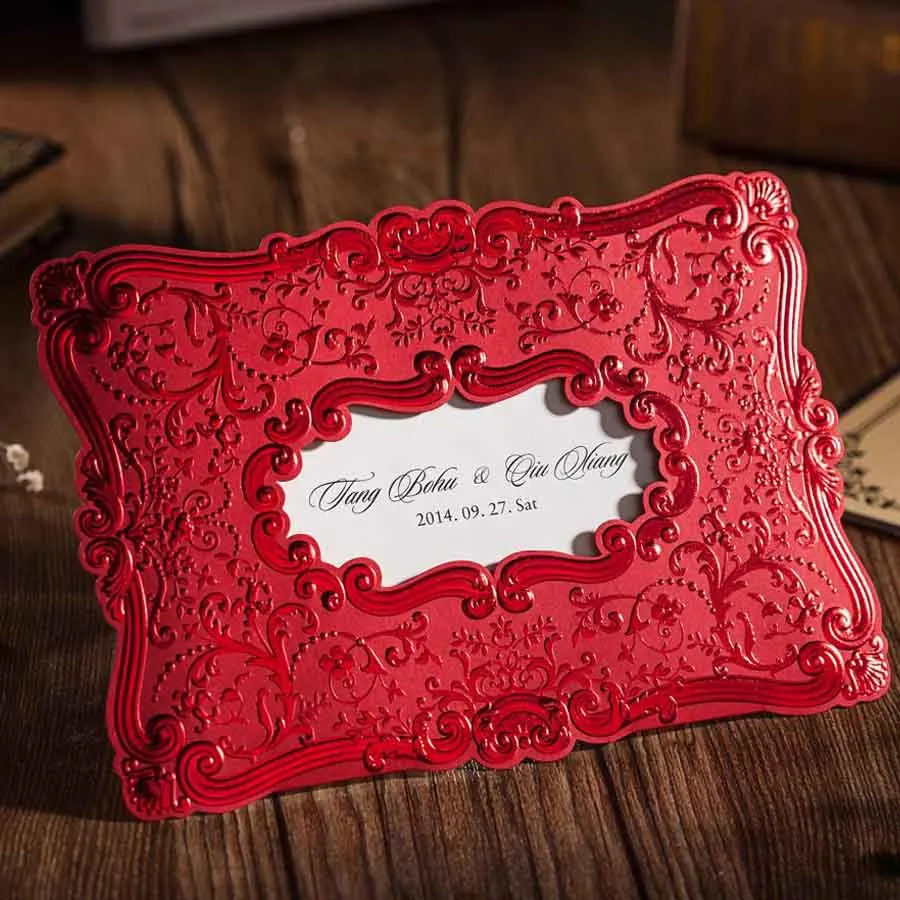 

50pcs Red Wedding Invitations Card with Romantic Embossed Floral Pattern for Vintage Bridal Shower Birthday ,Customized CW071