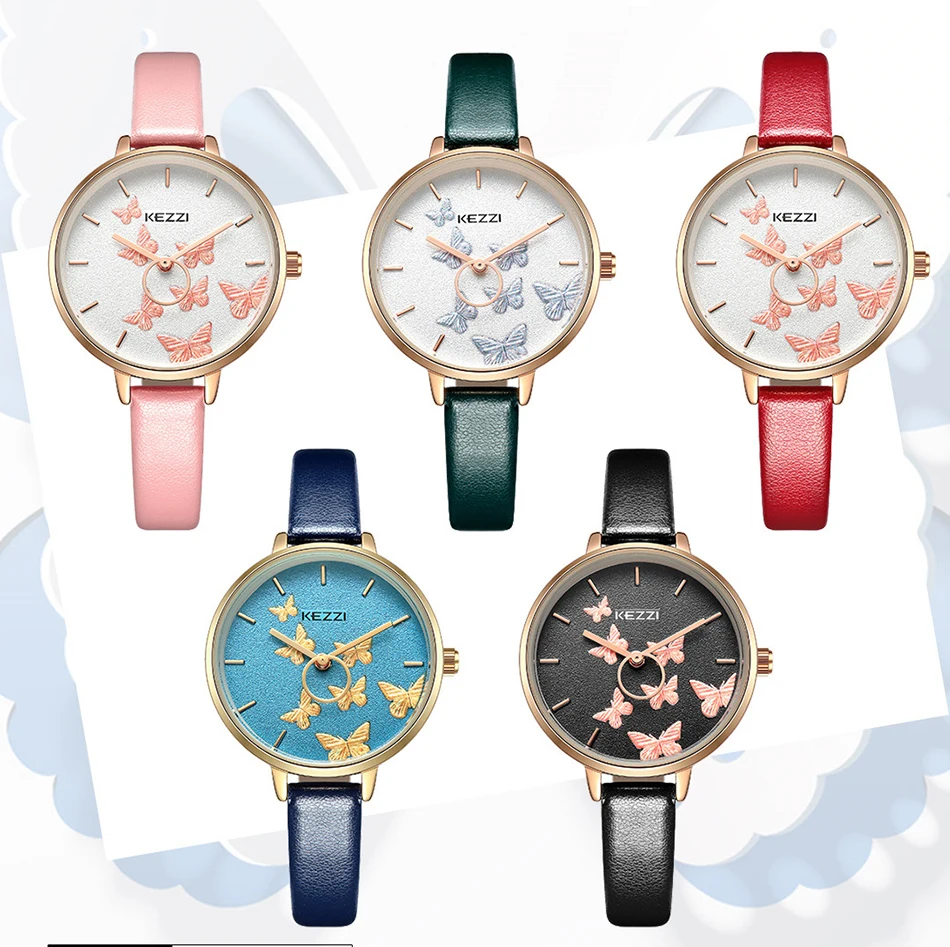 

Kezzi Brand Ladies Butterfly Watches For Women Leather Waterproof Quartz Watch Female Casual Fashion Dress Wristwatch Girl Gift