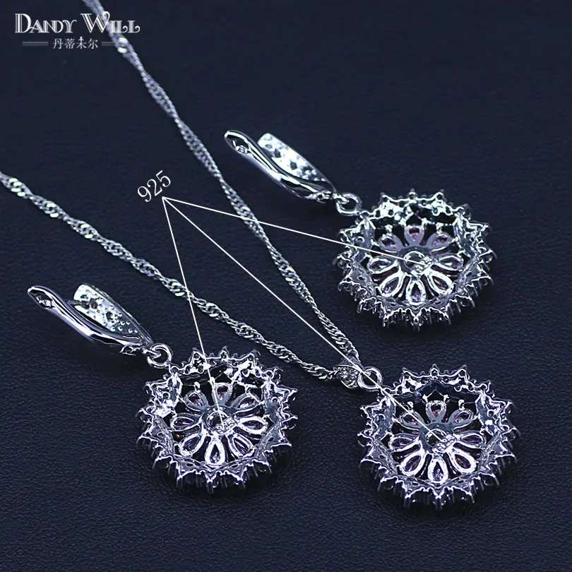 silver color Women Bridal Jewelry Sets Pink Zircon Necklaces Pendants Ring Earrings Bracelets With Stones Set of Jewelery | Украшения и
