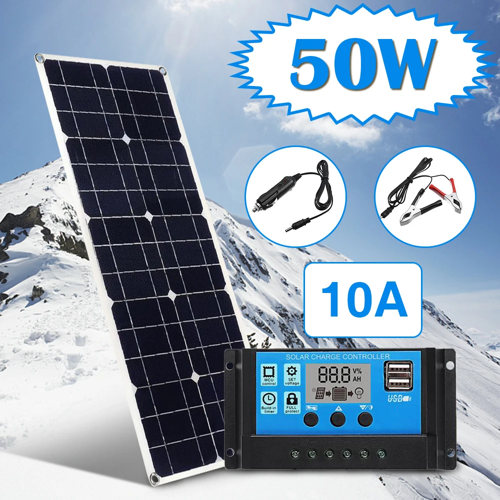 Floureon 50 Вт 5 В/12 В/18 в солнечная панель+ 10A/20A/30A комплекты солнечных контроллеров+ Аллигатор зажим провода+ DC для автомобиля Рыбалка лодка кабина кемпинг