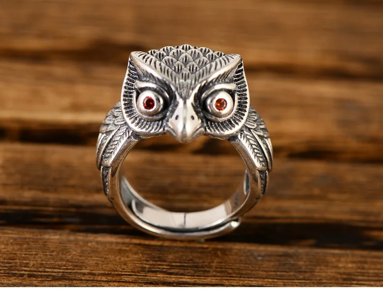 

100%S925 small black Thai silver retro owl patron saint silver opening adjustable Thai silver ring free shipping