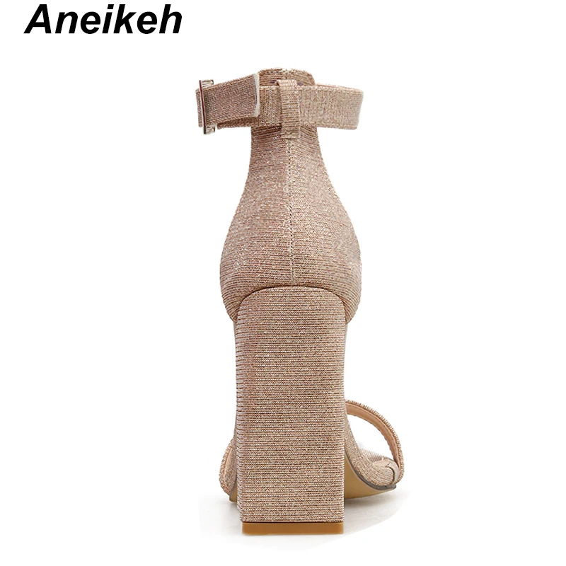 Aneikeh/ г. классические искусственные женские сандалии однотонные летние туфли на высоком квадратном каблуке с пряжкой и ремешком, с круглым носком, на квадратном каблуке, бледно-золотистый цвет, 35-42